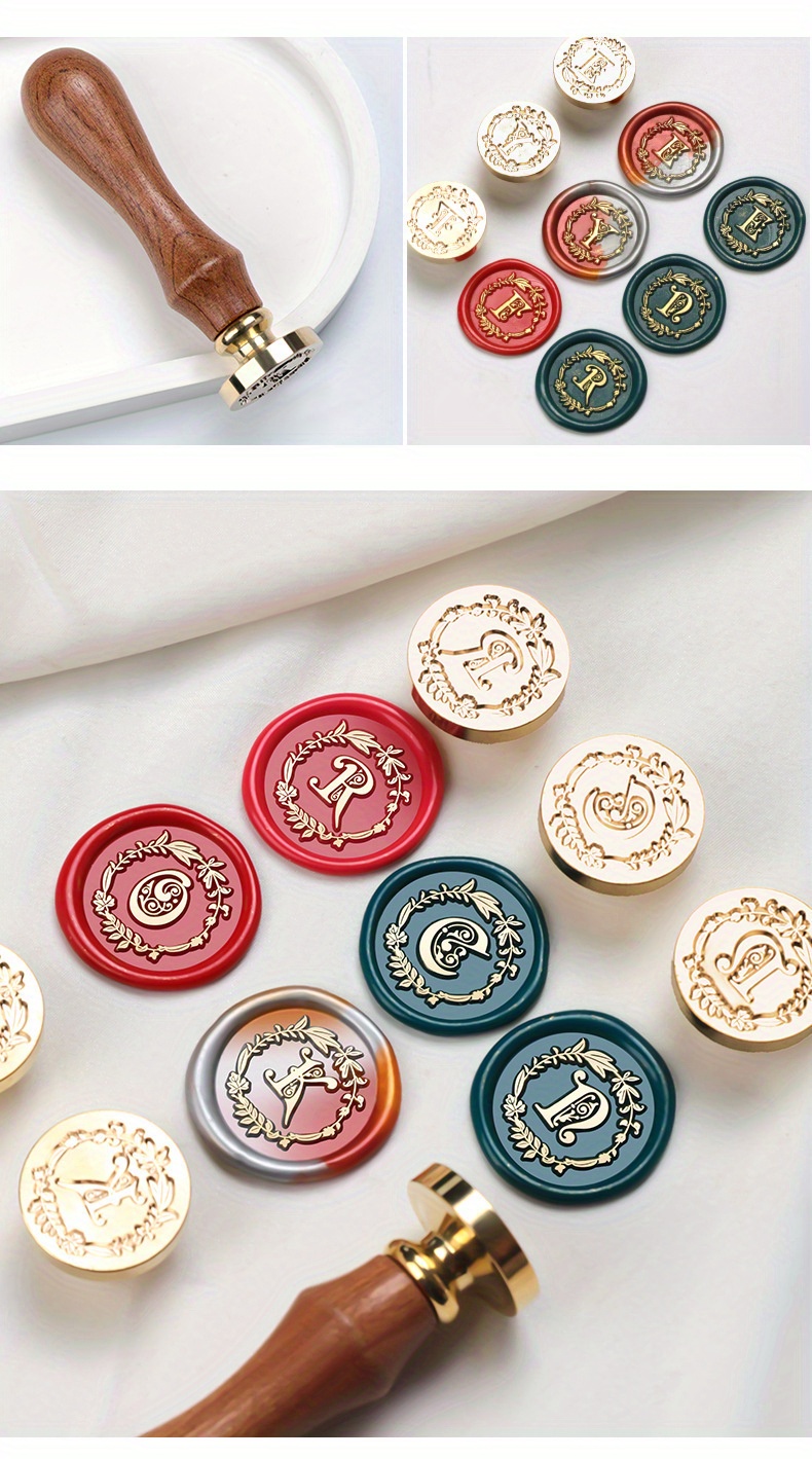 1 Set Wax Seal Stamp Wreath Letter Metal Seal Head+Rosewood Handle, 26 English Letter Fire Paint Seal, Suitable for Wedding Invitations, Envelope Cards, Gift Packaging, Scrapbooks