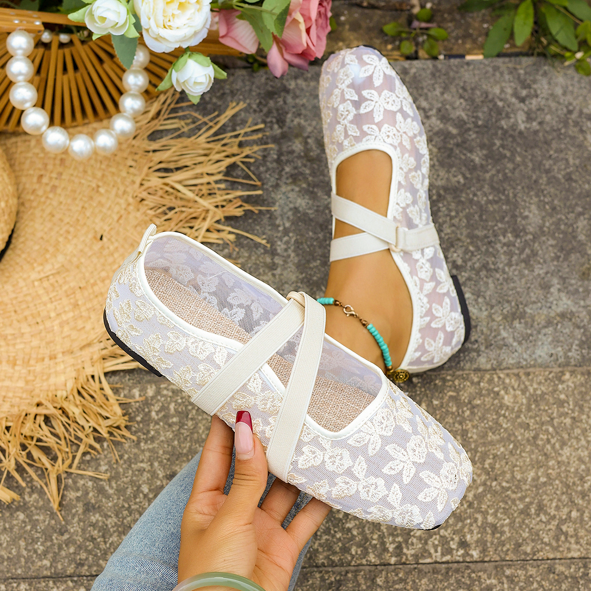Lace Mesh Ballet Flats for Women