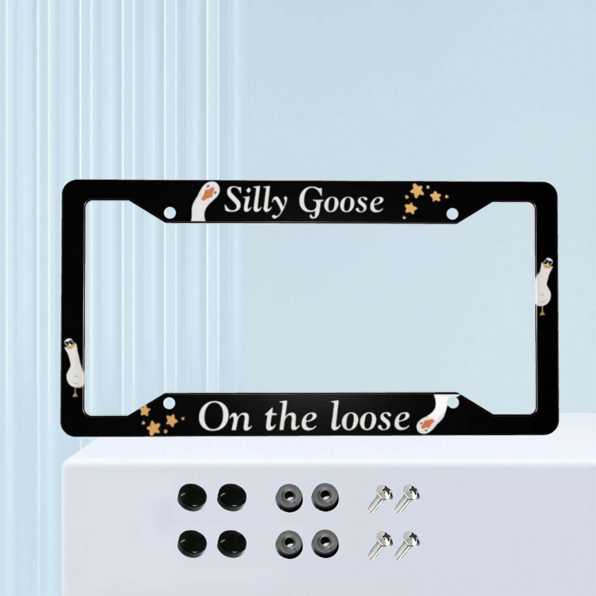 

1pc Silly Goose Aluminum License Plate Frame, Black With Design, , Universal Fit For Us, Material