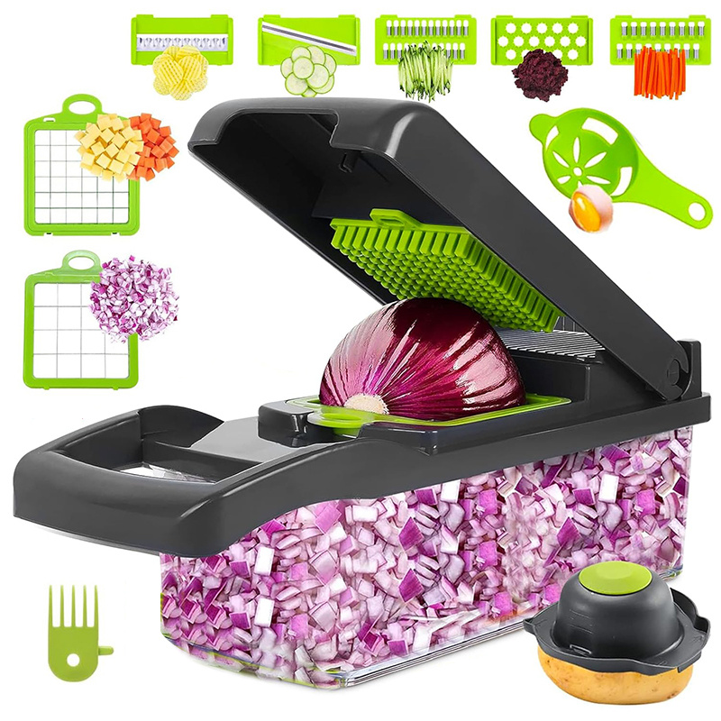 

1pc Multifunctional 14-in-1 Food Chopper, Plastic Kitchen Vegetable Dicer Cutter With 8 Blades, And Garlic Chopper With Container, No Battery Required