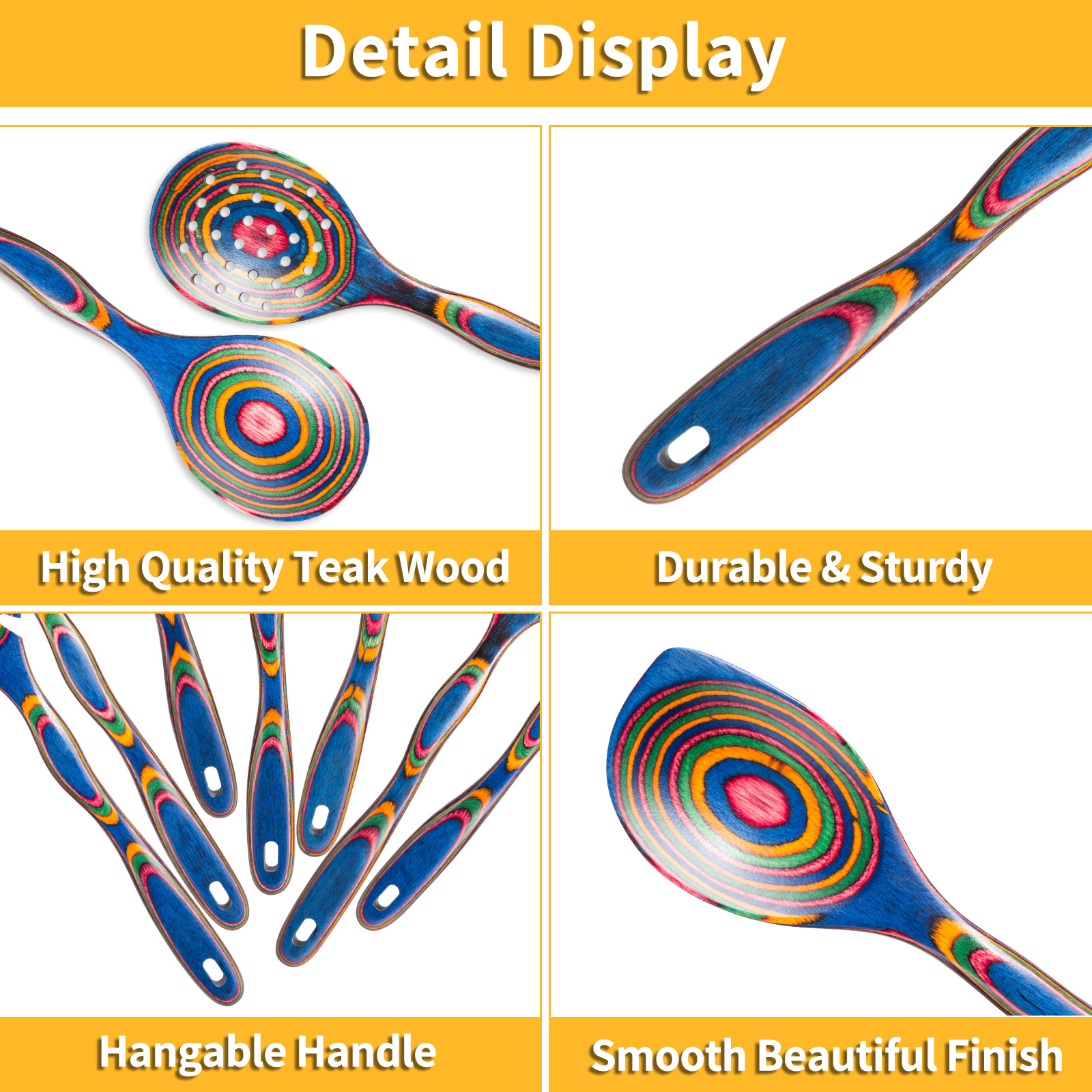 7pcs Pakkawood Blue Wooden Cooking Utensil & Spoon Set - Non-Stick Wood Kitchen Tools with Spatula, Slotted & Solid Spoons Suitable for /Outdoor Use, Holiday Gift (Christmas, Mother' Day)