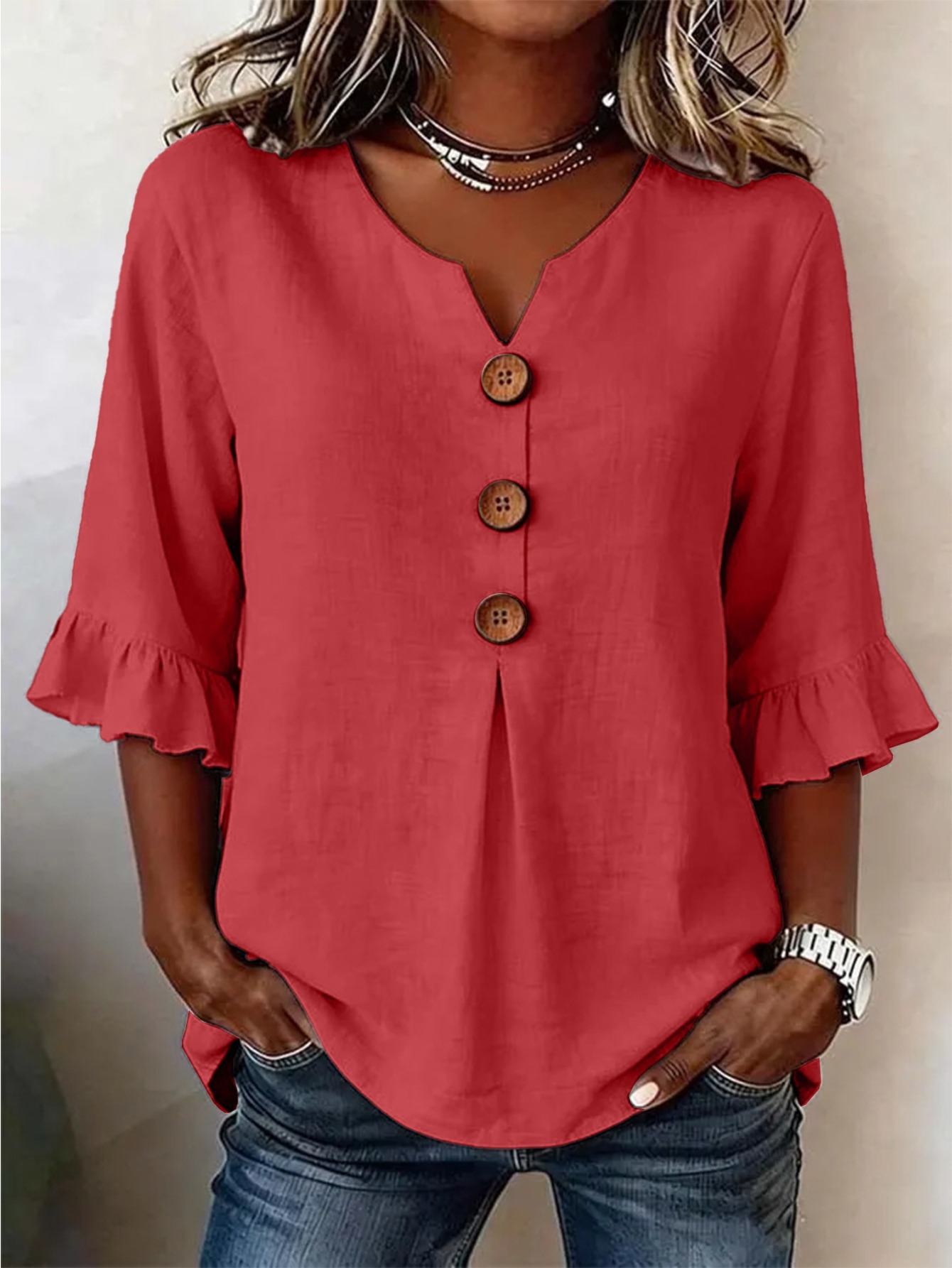 item picture womens casual notch v neck blouse 3 4 ruffle cuff sleeve tunic tops with decorative buttons loose relaxed fit daily wear shirts fashion curved hem for spring summer versatile dressy everyday pullover to match jeans pants for shopping