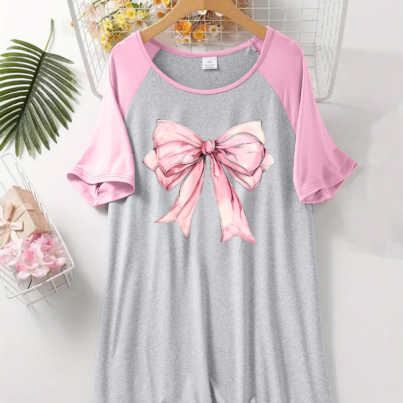 

Women's Casual Sleep Dress With Geometric Print - Comfy Raglan Sleeve, Round Neck Nightgown, Stretchy Polyester , Machine Washable