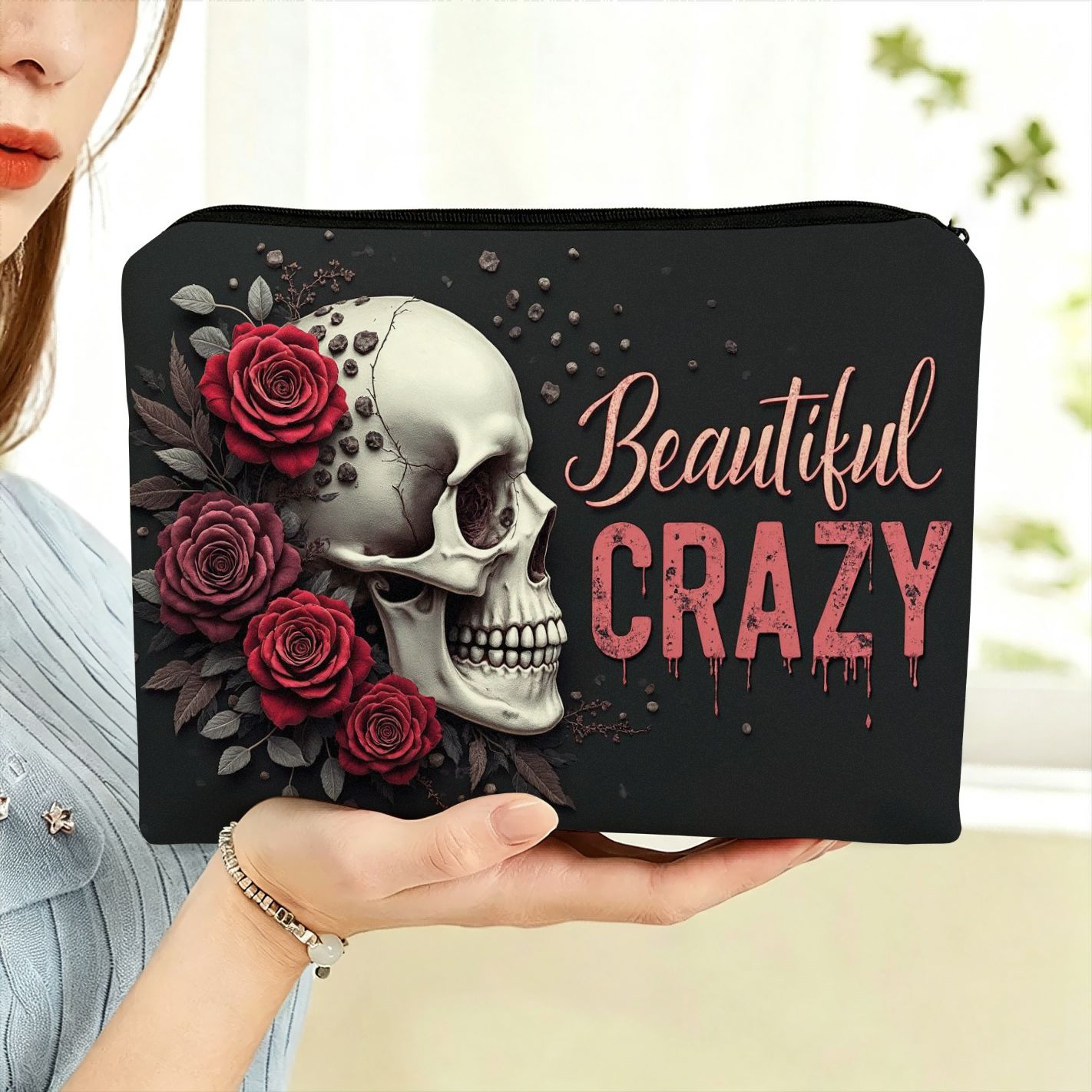 TEMU Gothic & Red Rose Makeup Bag - Gothic Style Zippered Pouch Suitable For Toiletries, Travel Organizer Case With & Rose Print, Portable Cosmetic