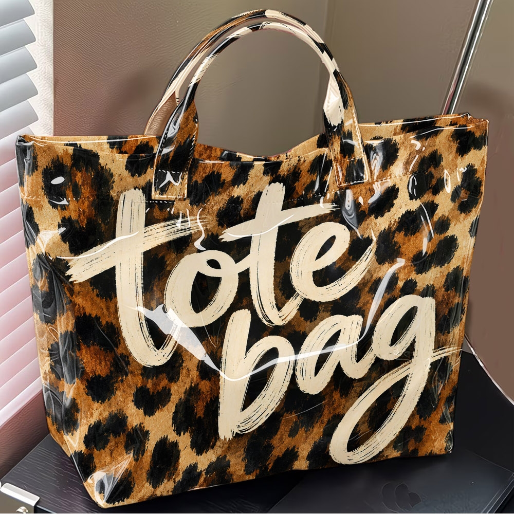 TEMU 1pc Vintage Leopard Print Letter Pattern Tote Bag, Trendy Wild Animal Texture Design, Large Hand Carry Bag For Outdoor Travel , Storage For
