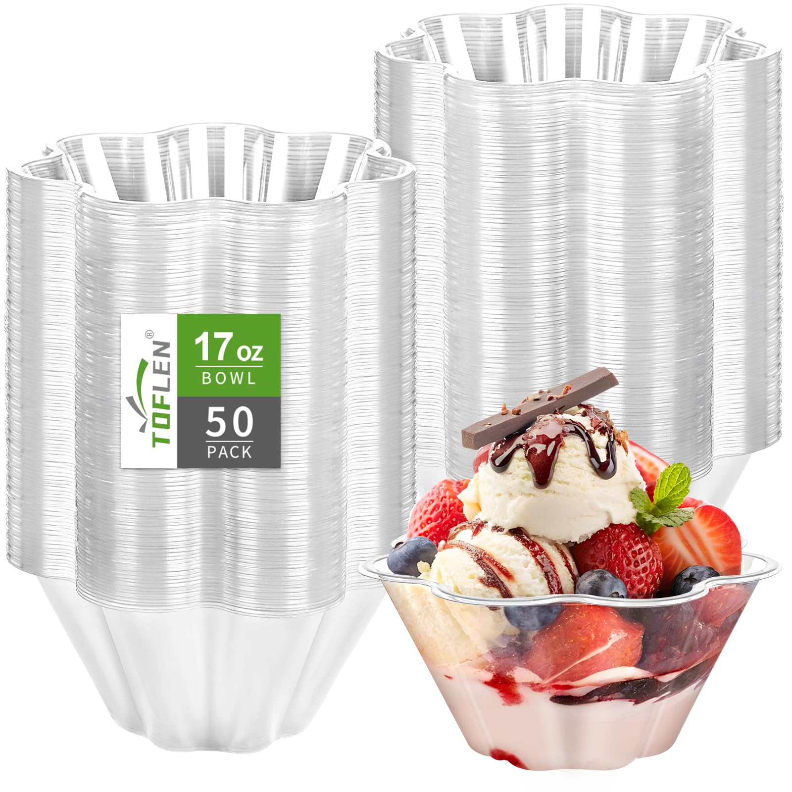 Image of 50pcs 17 Oz Flower Shaped Transparent Plastic Bowl, Hard Plastic , Used For Ice Cream, Desserts, Salads, Fruits, And Cakes