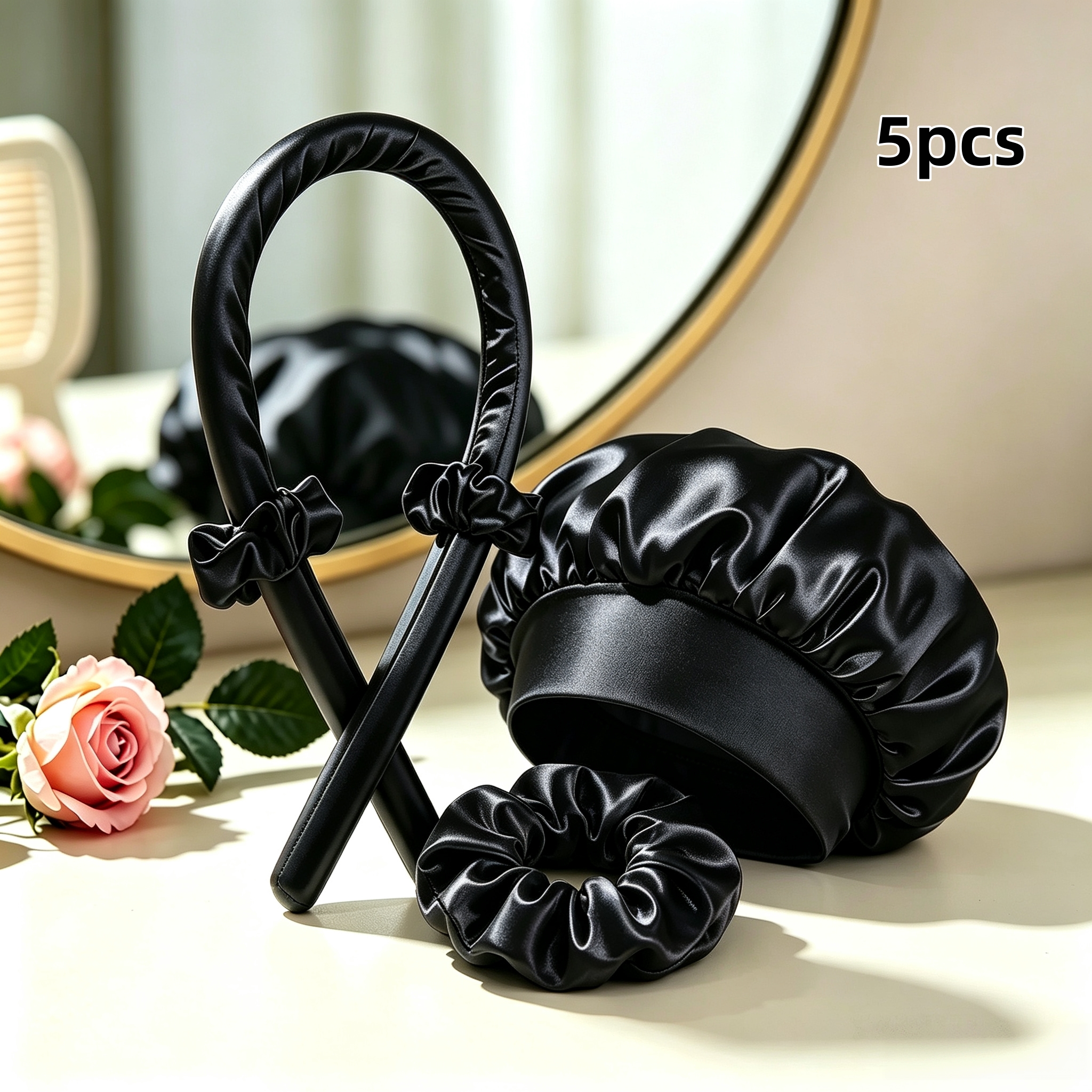 TEMU 5 pezzi in raso multicolore senza calore e cuffia da bagno in raso per dormire da donna, elastico per capelli ad anello a C, strumento per lo