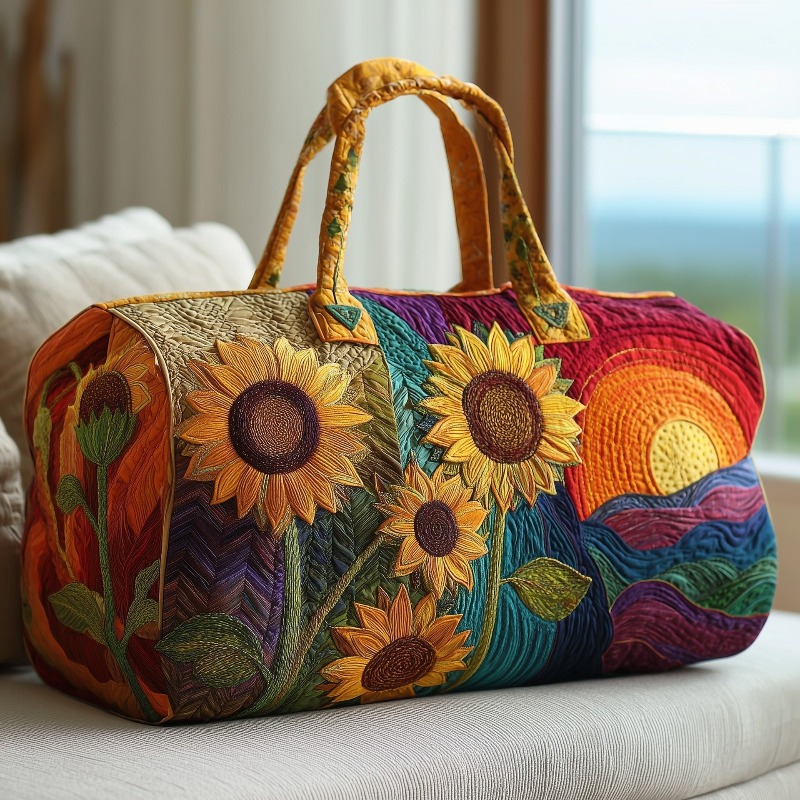 TEMU 1pc Women Quilted Large Capacity Duffel Bag, Colorful Sunflower Sunset Print Weekender Travel Tote, Soft Spacious Bag With Zipper & Strong