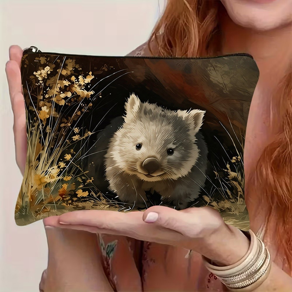 TEMU 1pc 2d Flat Printed Cute Wombat Cosmetic Bag, Durable Polyester, Zipper Closure, Double-sided Printed Travel Toiletry Pouch, Portable Clutch For