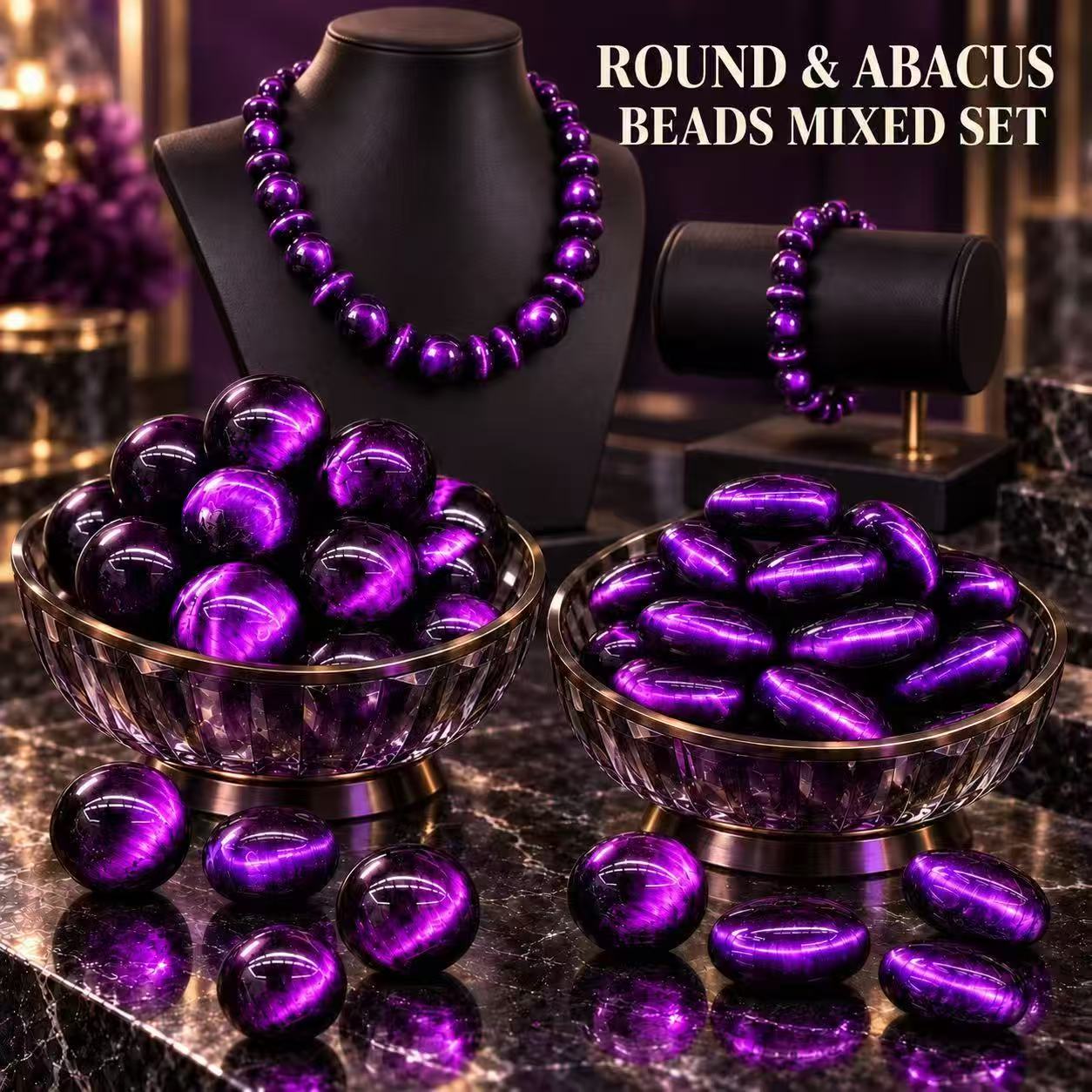 TEMU 50pcs/set Purple Eye Round Beads And Abacus Beads Mixed Pack, Glass Material, Jewelry Diy Materials, Jewelry Diy Beads, Handmade Diy, Decorative