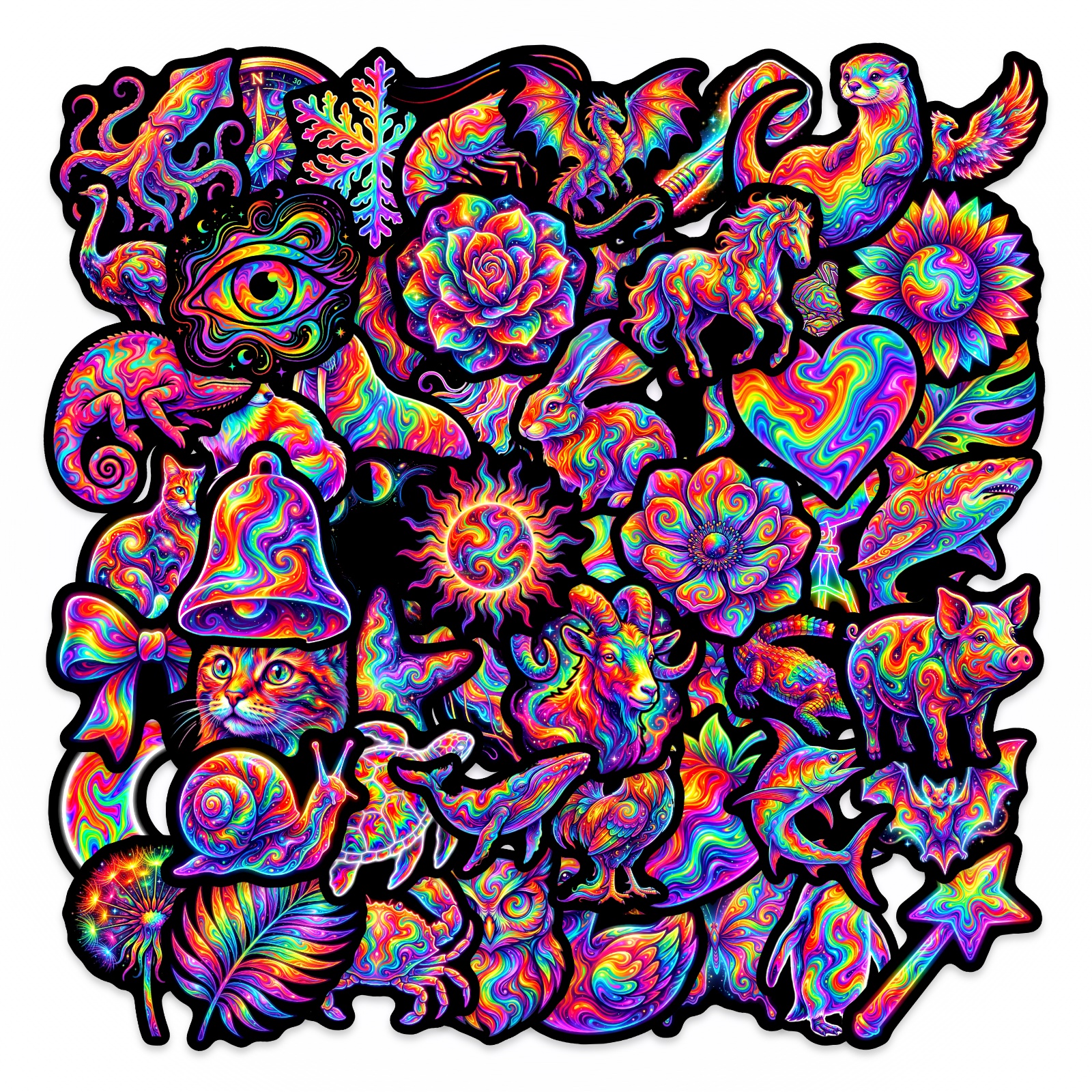 50 Psychedelic Colorful Stickers, Animal, Floral And Natural Elements, Creative And Decorative Stickers