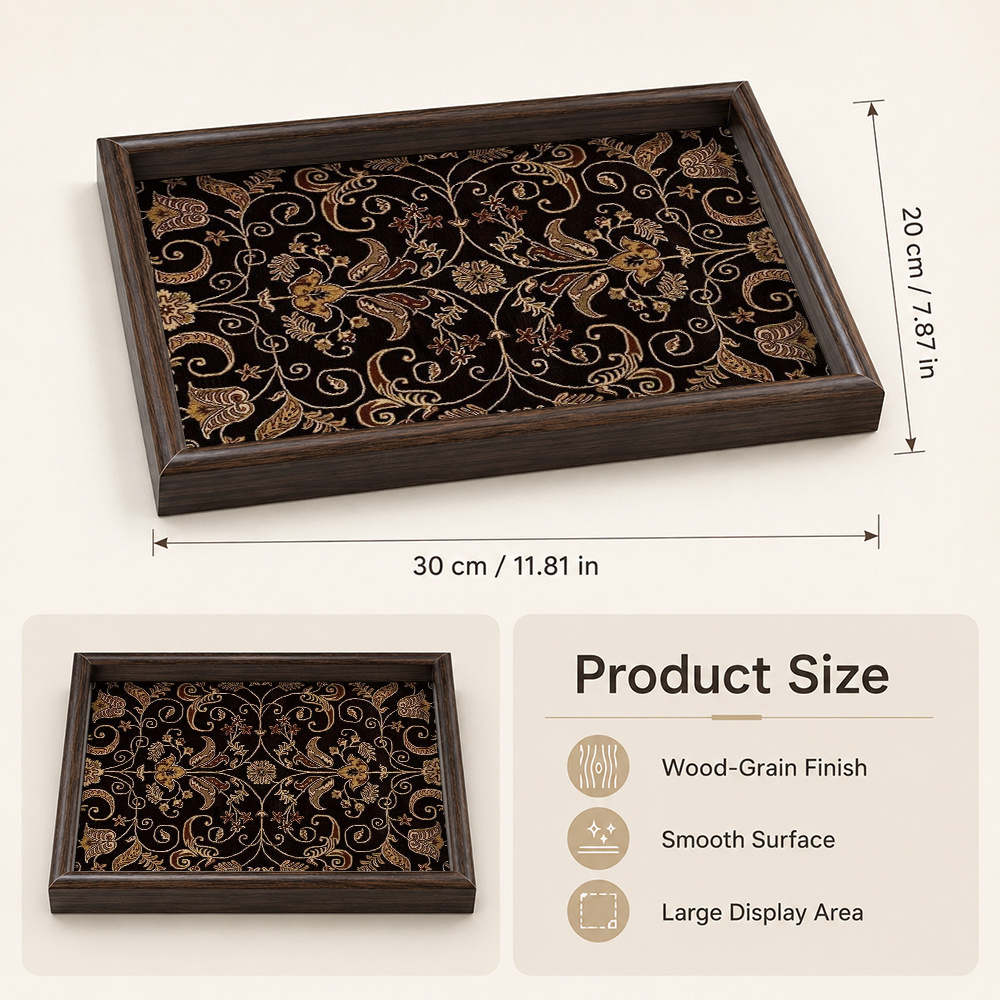 TEMU 1pc, Retro Rectangular Wooden Decorative Tray, Black Background With Golden Vine Pattern, Suitable For Tea Sets, Cosmetics, Jewelry, Keys,