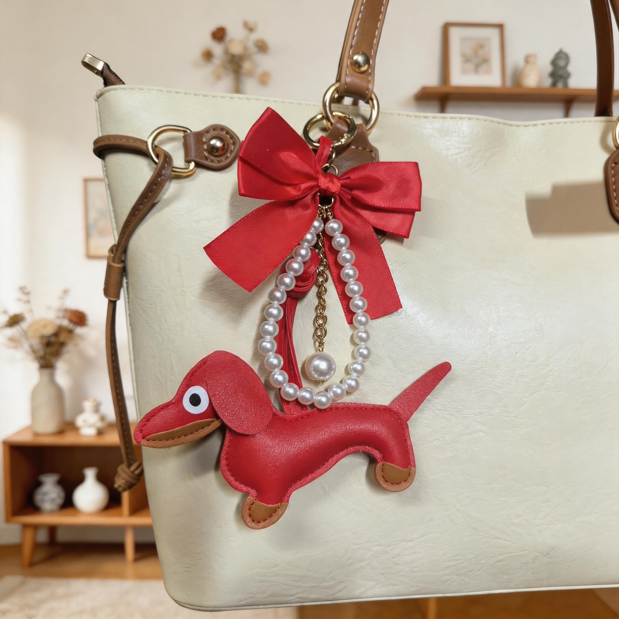 PU Dachshund Dog Bag Charm with Satin Bow