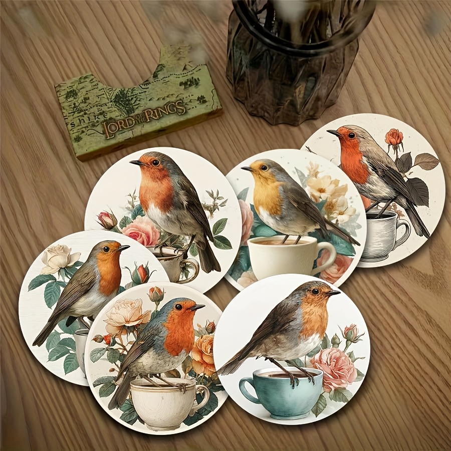 TEMU 6pcs Set Of 2d Flat Bird Art Wooden Coasters - Decorative Watercolor Printed Robin Coasters, Durable Tabletop Protectors, Suitable For Kitchen,