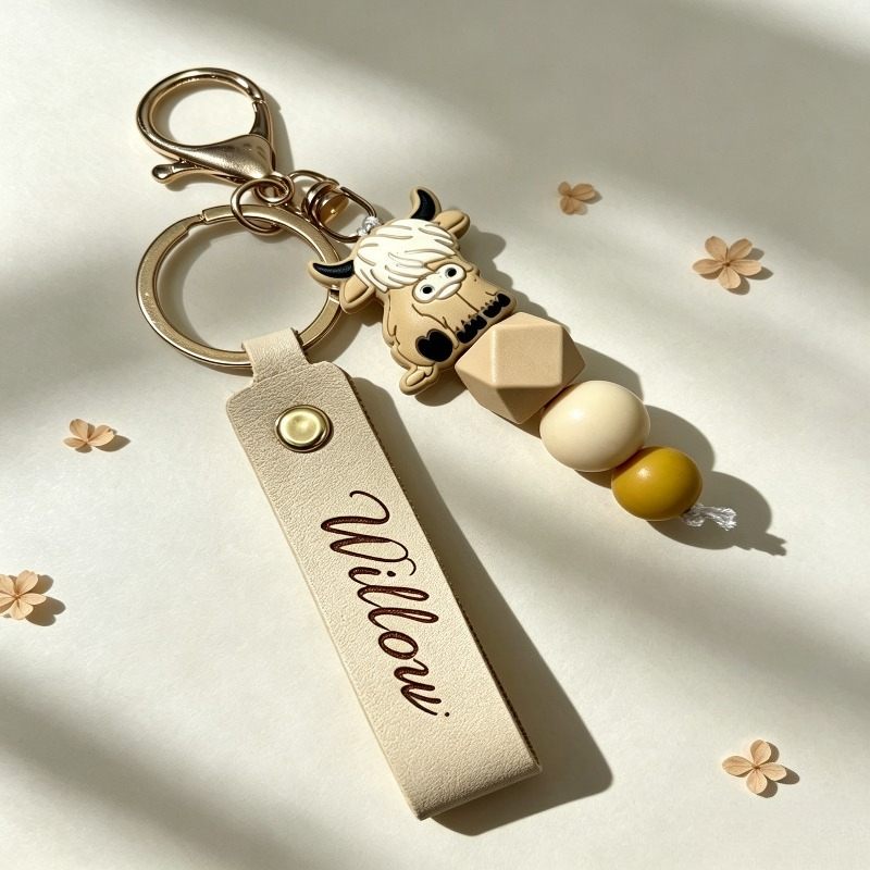 TEMU Macaron-colored Highland Cow Silicone Beaded Keychain, Key Fob, Laser-engraved Custom Name Pendant, Couple's Bag Charm, Small Holiday