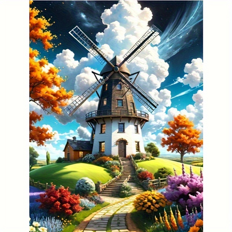 2d Flat!!! A Diy Diamond Painting Kit - Large Windmill Tower Design, Round Canvas Art, Unframed Diamond Painting Wall Decor, The Perfect Surprise Gift