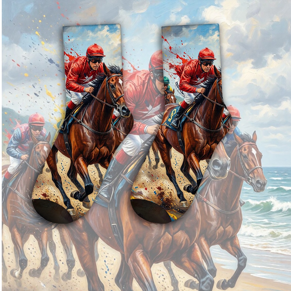 TEMU A Unique Pair Of Socks Designed With Dynamic Horse Racing Scene For Women And Men, Sock | Ideal For Party Costume, Gifts, Daily Wear