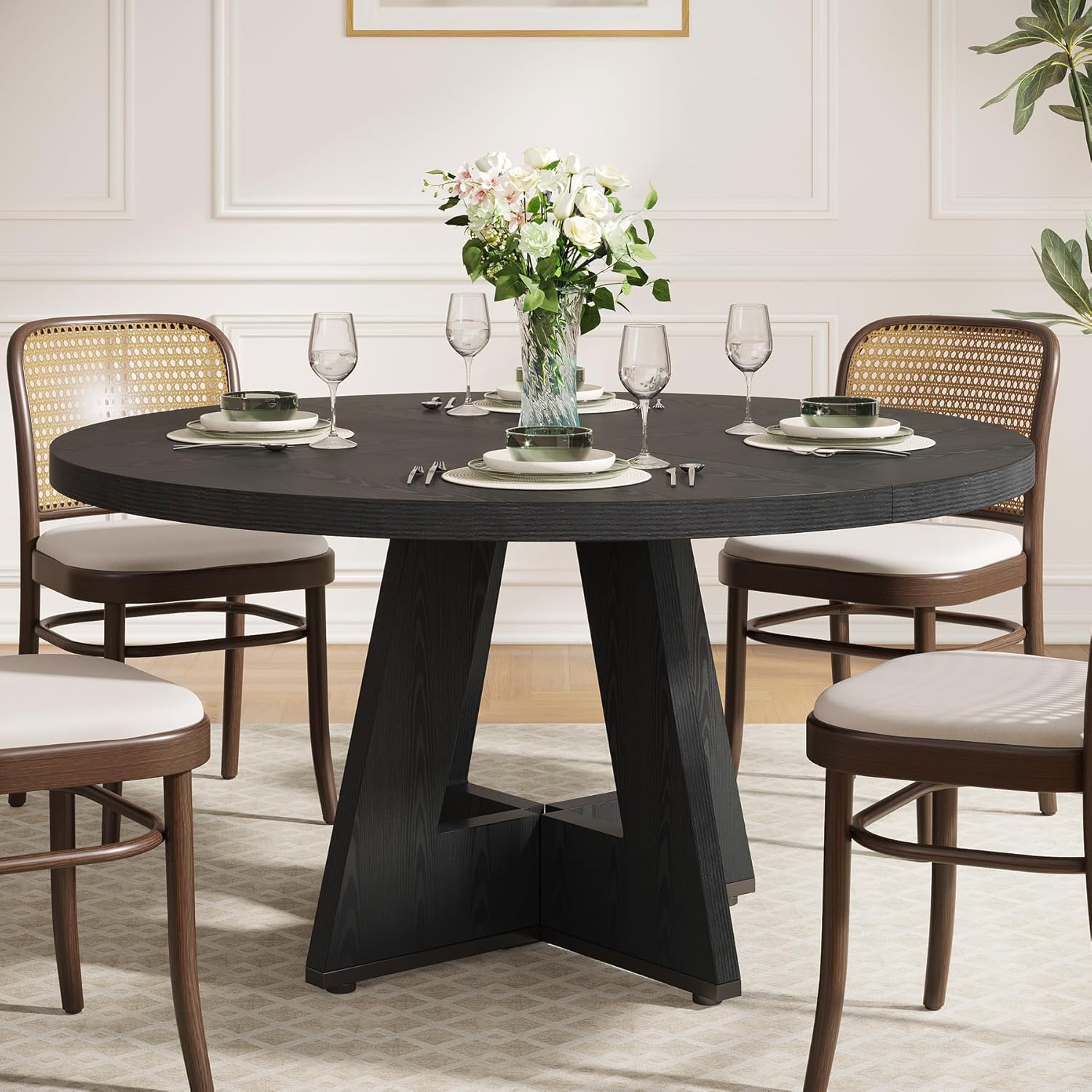Round Dining Table For 4, 47 Inch Farmhouse Circle Kitchen Table With Wooden Pedestal Base For Kitchen, Dining Room, Living Room (black)