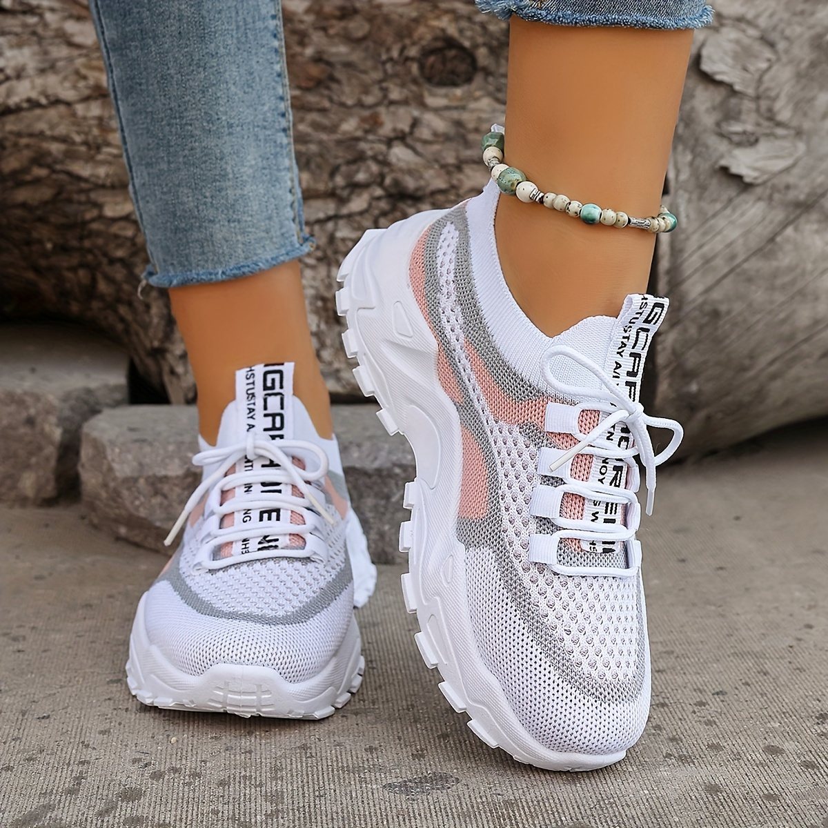 womens plus size colorblock knitted sneakers breathable low   trainers with gradient white to light   durable pvc sole     for outdoor sports casual wear gym shoes microfiber fabric upper Product details 2