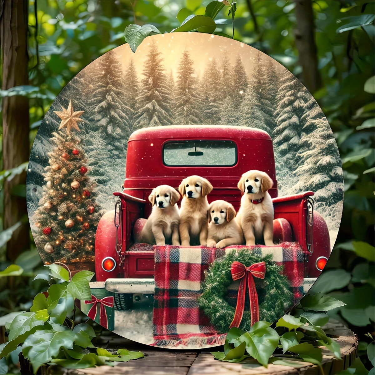 TEMU 2d Flat, [2d Flat] 1pc Farmhouse Style Christmas Wall Decor – Round Puppy And Pattern With Snowflake Wreath, Outdoor Decoration With Diameter,