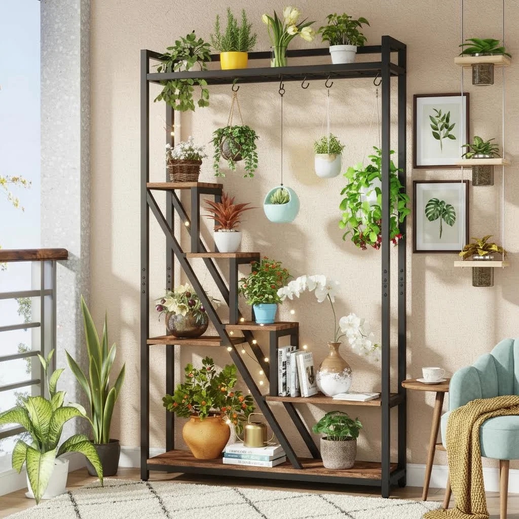 70.9-inch Tall Indoor Plant Stand, 7-tier Large Plant Shelf With S-hooks, Industrial Display Rack For Living Room Garden Balcony, Rustic Brown (1pc)