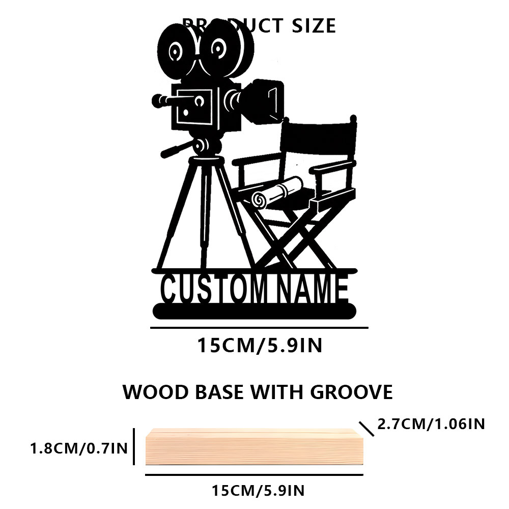 TEMU Figurines 1pc Plaque en métal personnalisée de réalisateur de film Décor de bureau personnalisé avec appareil photo et chaise avec base en bois