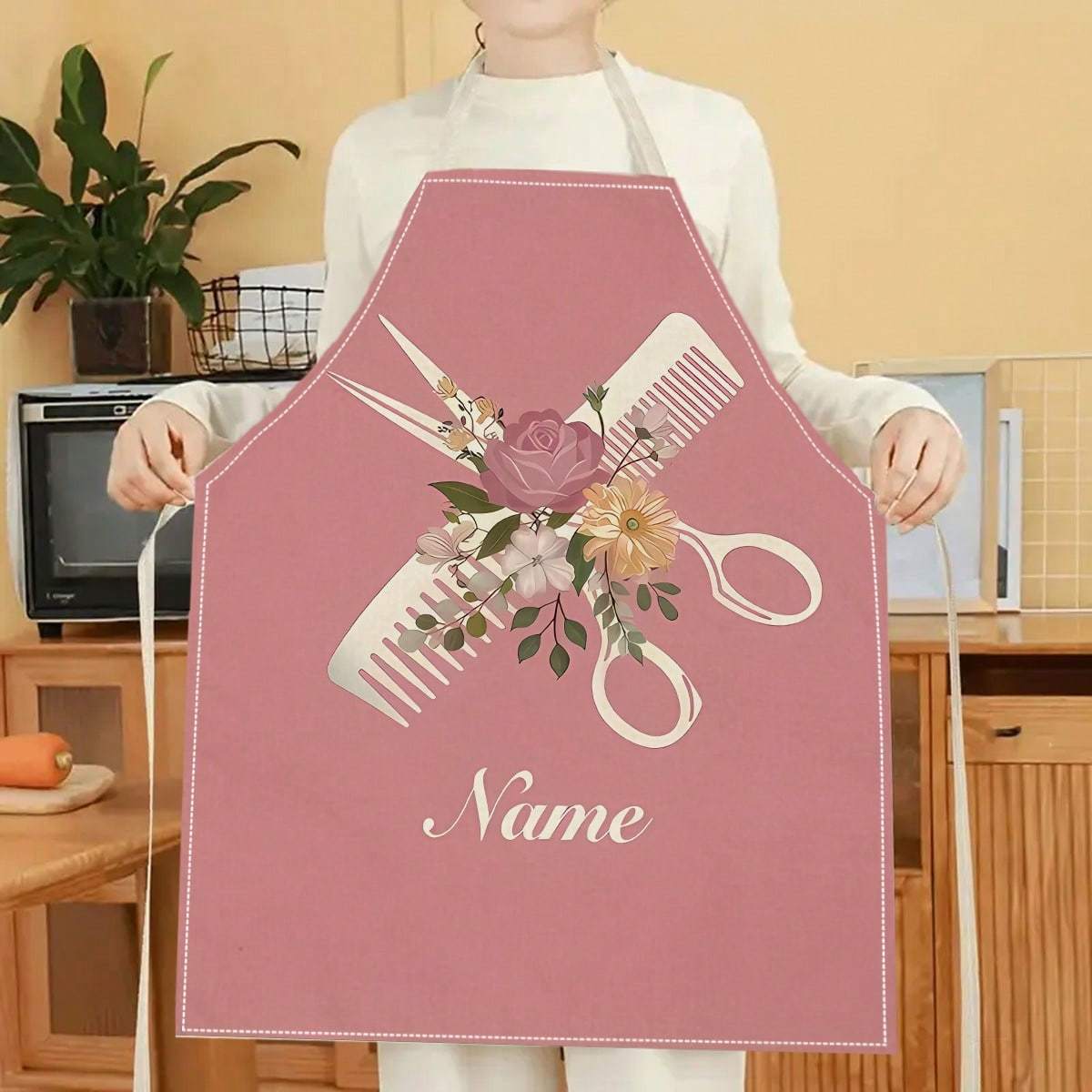TEMU 1pc Custom Name 2d Flat Printed Creative Hairdresser Pattern Print Work Apron Adjustable Size Bib Apron Fashion Gardening Work Apron, 2d Flat