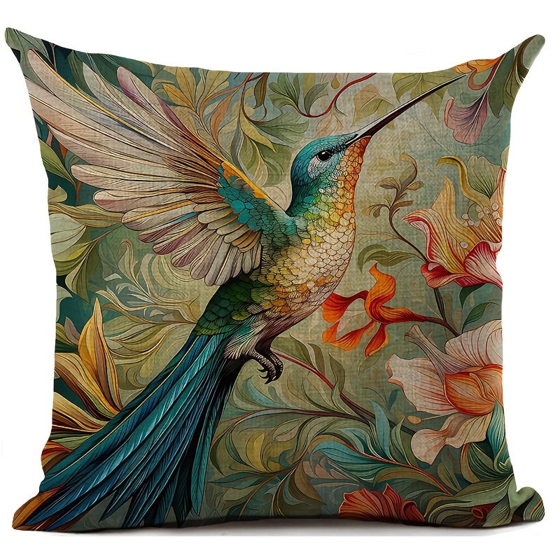 TEMU A Vibrant Hummingbird Watercolor Cushion Cover - Square, Durable Zippered Pillowcase, Machine Washable, Ideal For Decorating Sofas In Living