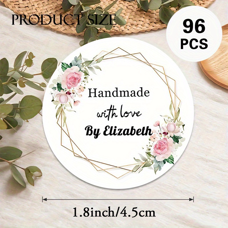 TEMU Stickers ronds personnalisés "Handmade Brand" 48/96 pièces, nom personnalisable, motif de cadre floral et géométrique, adaptés aux étiquettes