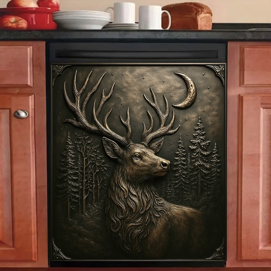 2ddishwasherdoorcover 23x25.5inch - Scratch-resistant Peel And Stick , Durable Space-saving Kitchen Decor With Deer And Pine Trees Design, Easy To Clean Modern Upgrade, Dishwasher Cover Decorative