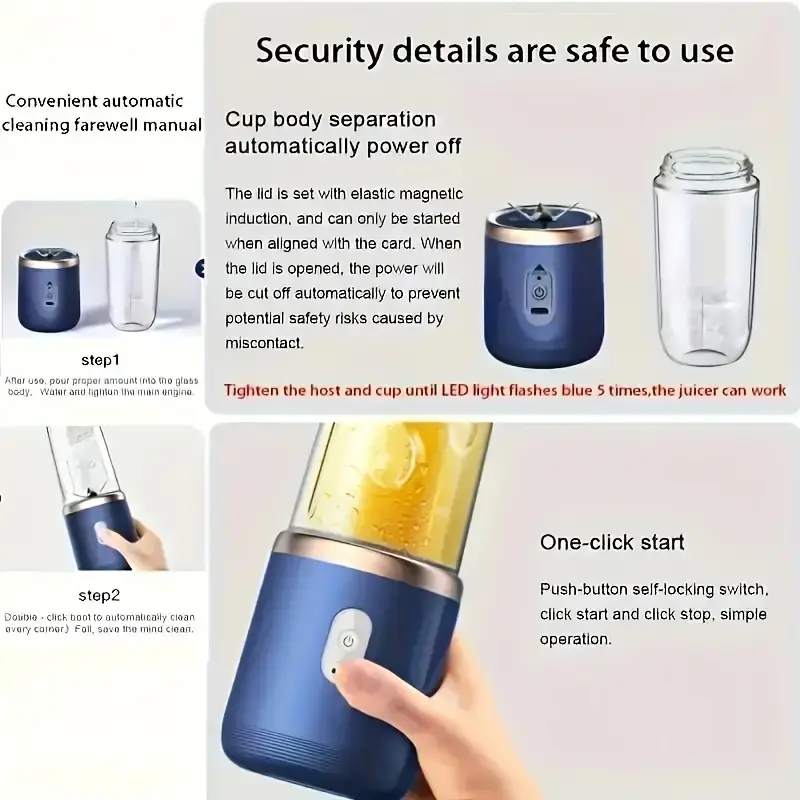 6 blade 2 in 1 portable blender and juicer with compact juicer cups usb rechargeable 13 4oz dual cup capacity ideal for fruits and vegetables durable ppsu material round shape home use and wholesale details 7