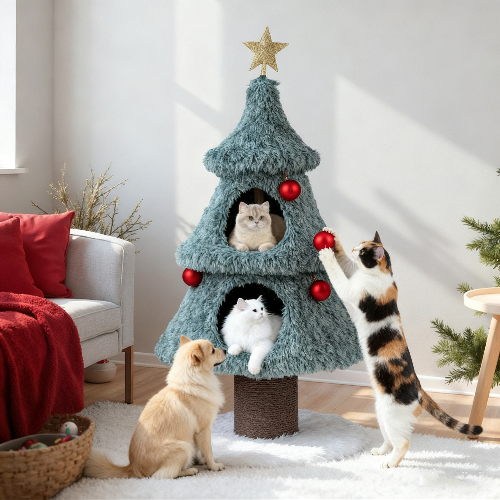 TEMU Arbre à chat de Noël pour chats d'intérieur, tour pour chat mignonne de 123 cm avec 2 grands condos, griffoir, balles suspendues, décoration de