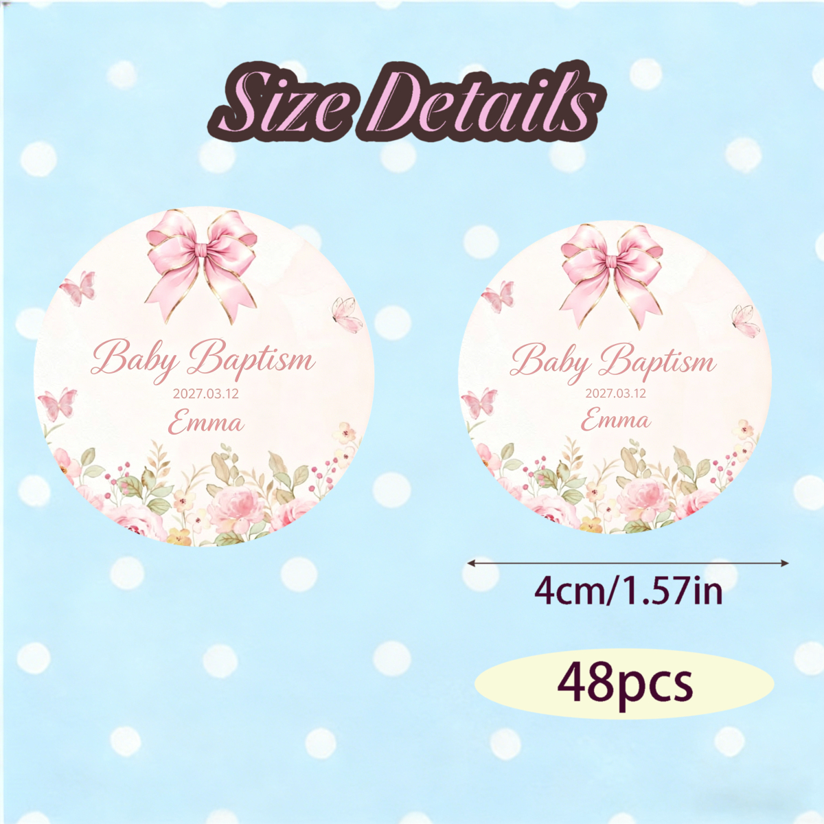 TEMU 24pcs/48pcs Personalized Custom Stickers Round Pink Floral For Baby Baptism Party Decorations Wedding Favors Gift Tags Birthday Events