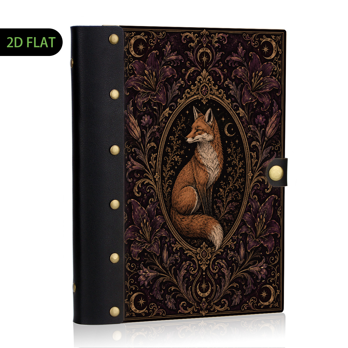 TEMU 1pc Dark Fox Lily Wood Leather Binder Notebook, Refillable Loose Leaf, 2d Flat Hard Shell Metal Rivets, Eye-friendly , School For Writers