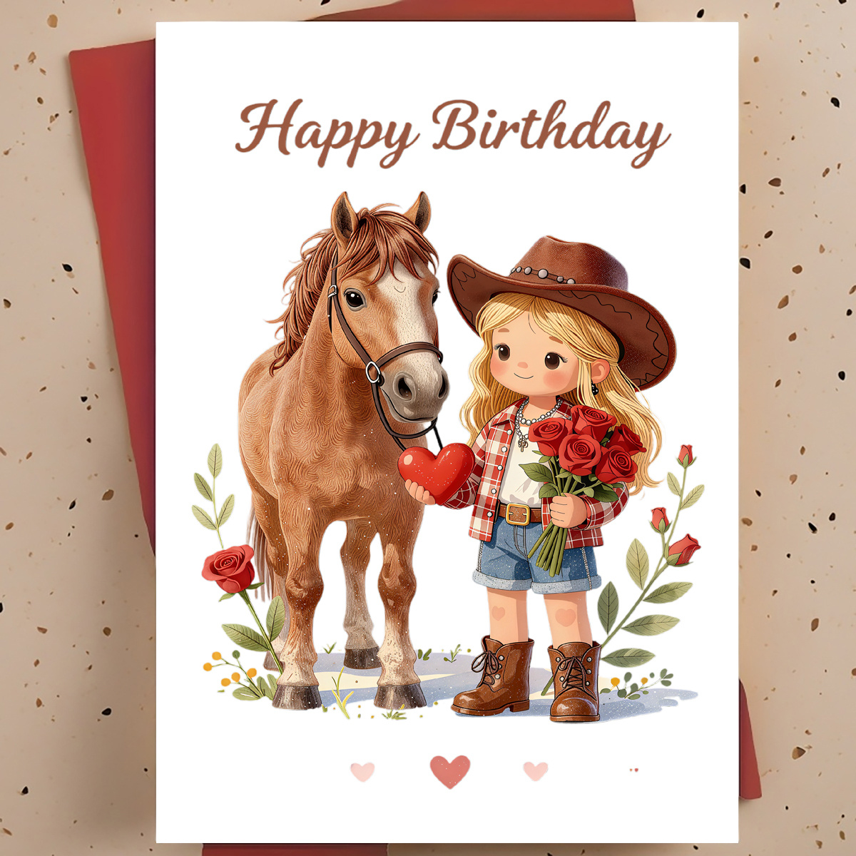 Image of 1 Sweet And Birthday Card For An Equestrian Lover – Hand-drawn Cartoon Illustration Of A Horse And Red Roses, A Warm And Sweet Greeting Card, Includes Envelope