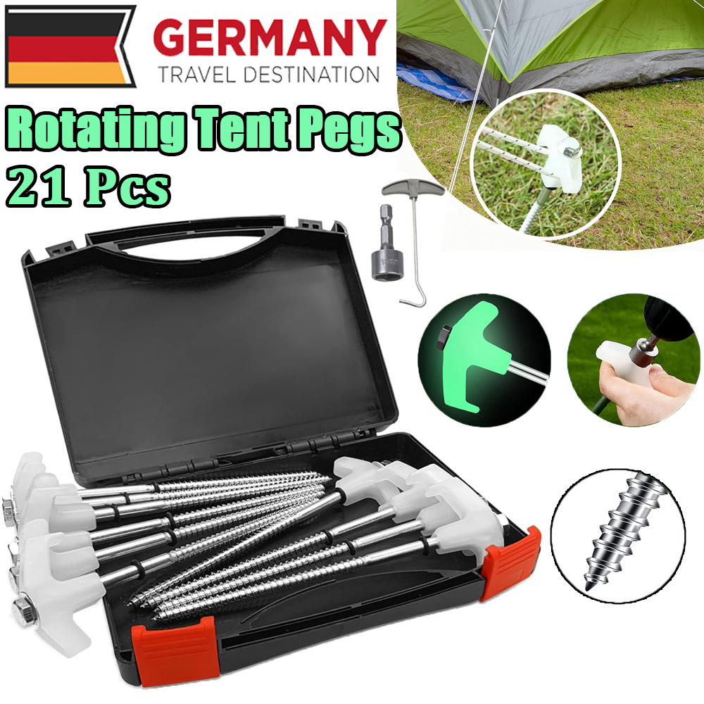Image of 21pcs Tent Stakes Set Heavy Duty, 18 Pack 8. 1" Screw In Tent Stakes, The Dark Screw In Tent Stakes, Camping Stakes With Storage Box, Threaded Tent Spikes With Hex Head Driver And Stake Puller