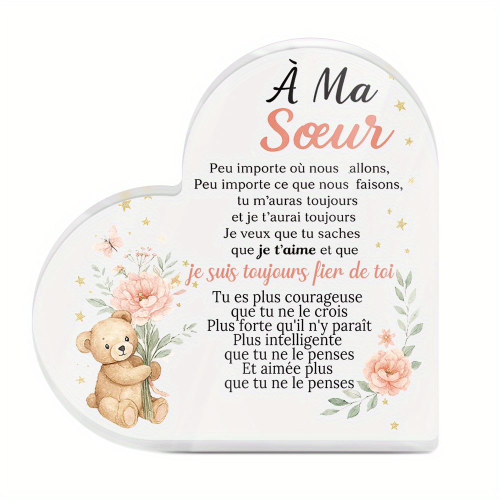 TEMU 2d Flat Putuo Decor 1pc French Heart Shaped Acrylic Sign Table Decor, To My Sister, Desktop Decoration For Sister, Present For Birthdays,