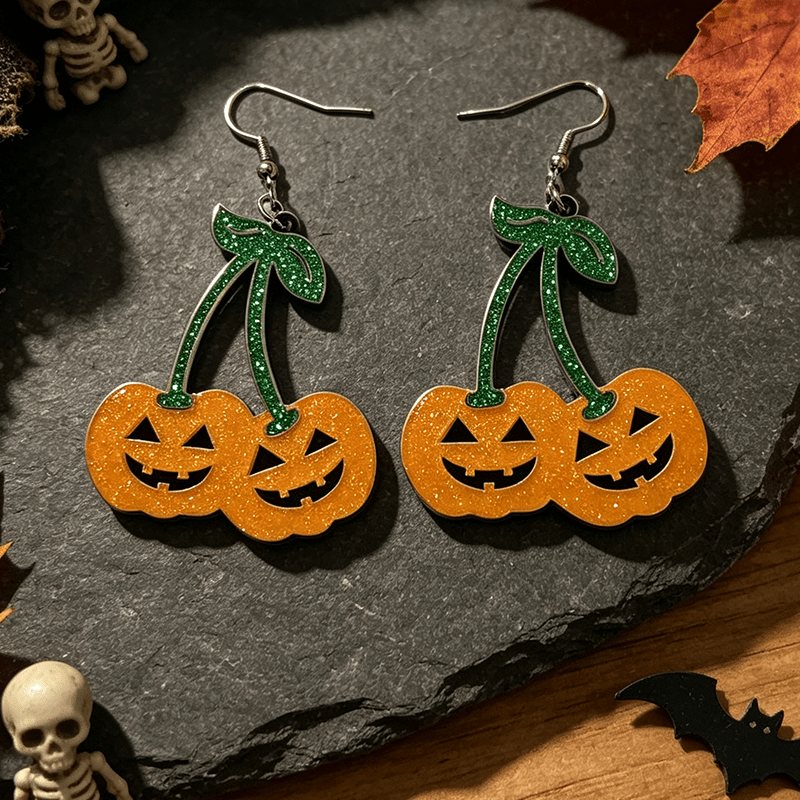 Gothic Cherry & Evil Pumpkin Head Dangle Earrings