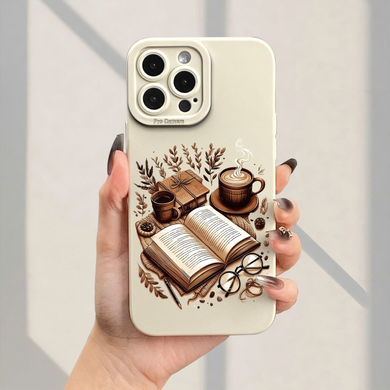TEMU Phone Case - A Stylish Phone Case Featuring A Book, Glasses, And Coffee Pattern, Designed For 17, 16, 15, 14, 13, 12, 11, Xs, Xr, X, 8, 7, Mini,