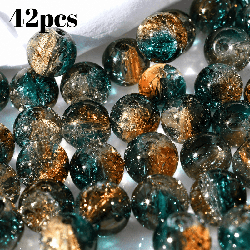 TEMU 42pcs Amber Crackle Glass Beads With Glitter Suitable For Making, Transparent Cracked Round Beads With Crackle Texture & Glitter For Bracelets,