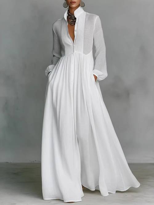 pleated waist cinching vacation maxi dress spring summer french white long sleeve dress