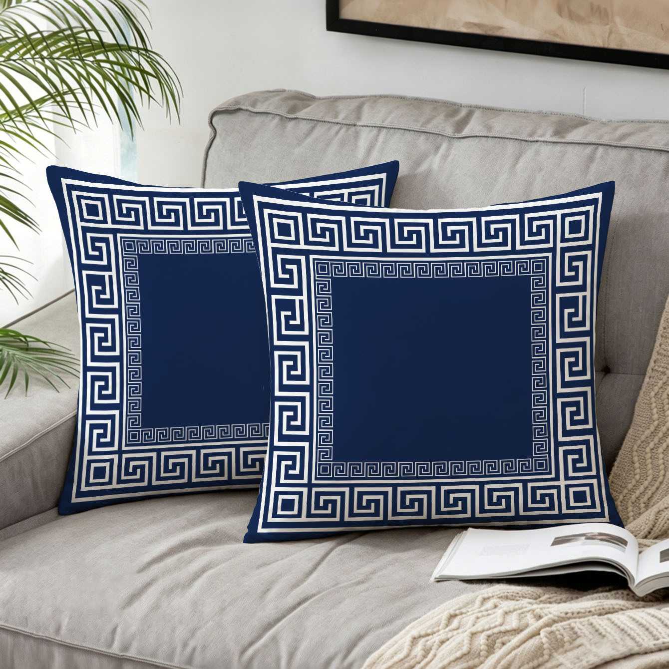 TEMU 2d Flat - 2pcs, Navy Blue White Greek Key Border New Chinese Retro Printed Pillowcases, 2d Printing, Single-sided Printing, Zipper Closure,