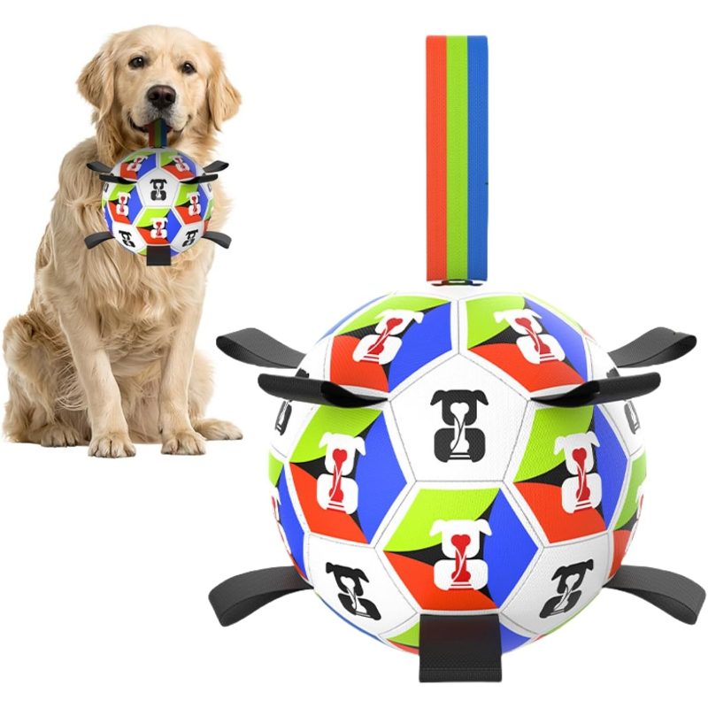 Dog Toys Balls, Dog Soccer Ball with Straps, 18Cm Interactive Toys Tug of War, Pet Training Soccer Ball, Durable Herding Ball Medium, Large Pet, Outdoor Toy, Dog Birthday Gifts (18CM), Without Battery