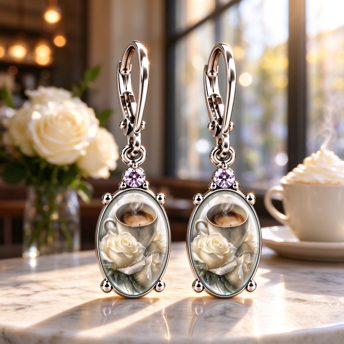 Elegant White Rose Coffee Cup Pattern Oval Earrings