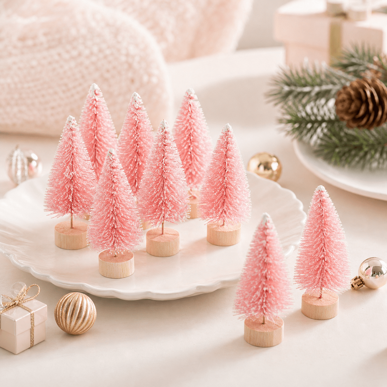 TEMU 10pcs Flocked Christmas Trees With Wooden Base - Bottle Brush Style Suitable For Holiday Tabletop Decor, Diy Crafts, Plastic Pine Tree