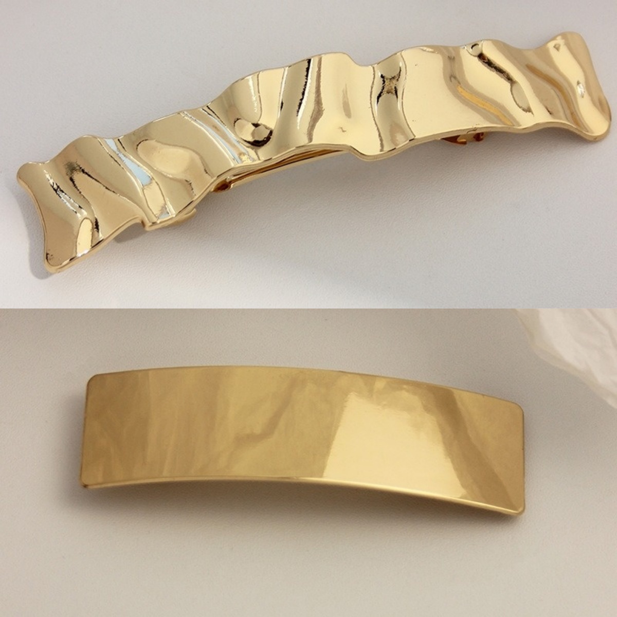 TEMU Vintage Wavy Ruffle Metal Spring Clip 2pcs Set, Polished Rectangular Barrette, Light Side Hair Clip