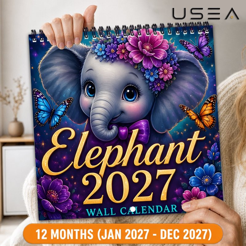 TEMU 2027 Wall Calendar 2027 Wall Calendar, 12-month Monthly Planner, 8.3x8.3 Inch Square, Elephant Floral Celestial Design, Twin Wire Spiral Hanging