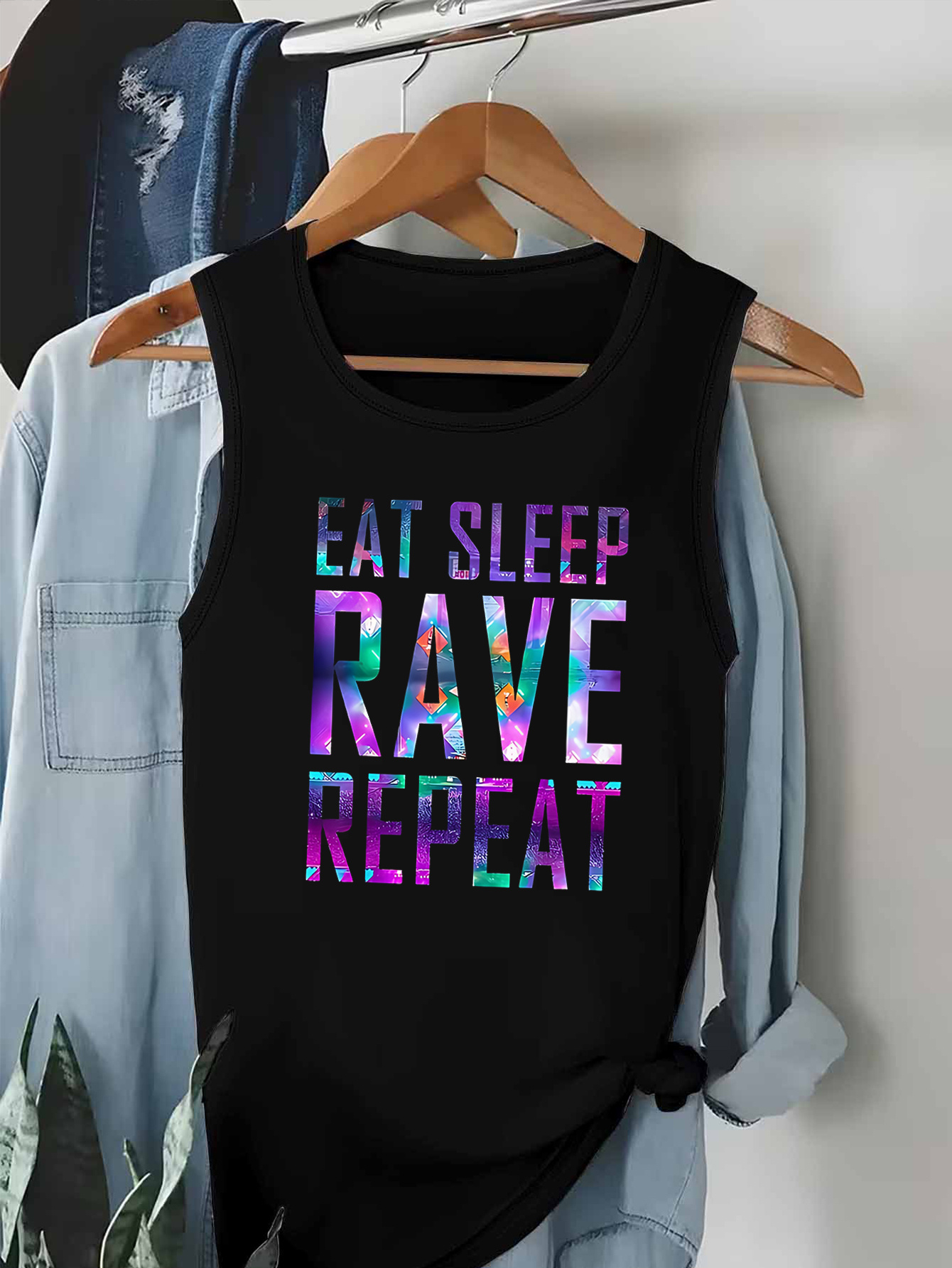 1pc womens trendy     rave repeat letter colorful pattern 2d printed round neck sleeveless tank top