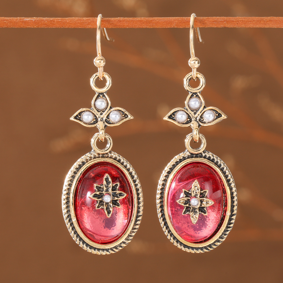 TEMU Retro Style Inlaid Pink Oval Synthetic Zirconia Floral Pendant Ladies Earrings, Daily Casual Banquet Party Ladies Earrings