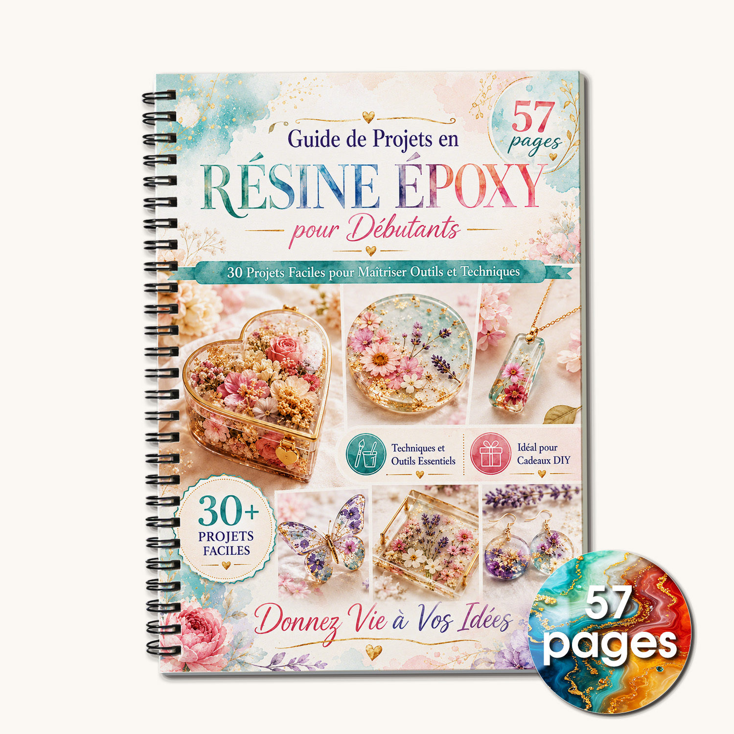 TEMU 1 cahier sur un thème, couverture en résine époxy florale pastel, guide pour débutants en art de la résine de 57 pages, tutoriel pour plateaux,